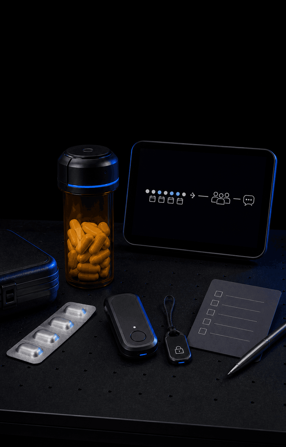 Concept visualization of a smart pill bottle and adherence signals for care-team review