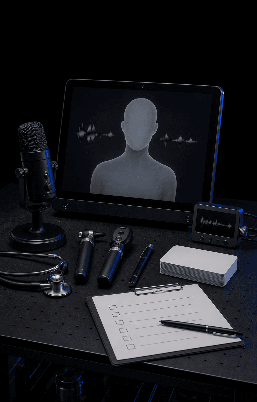 Concept visualization of a microphone and simulated patient interface used for practice